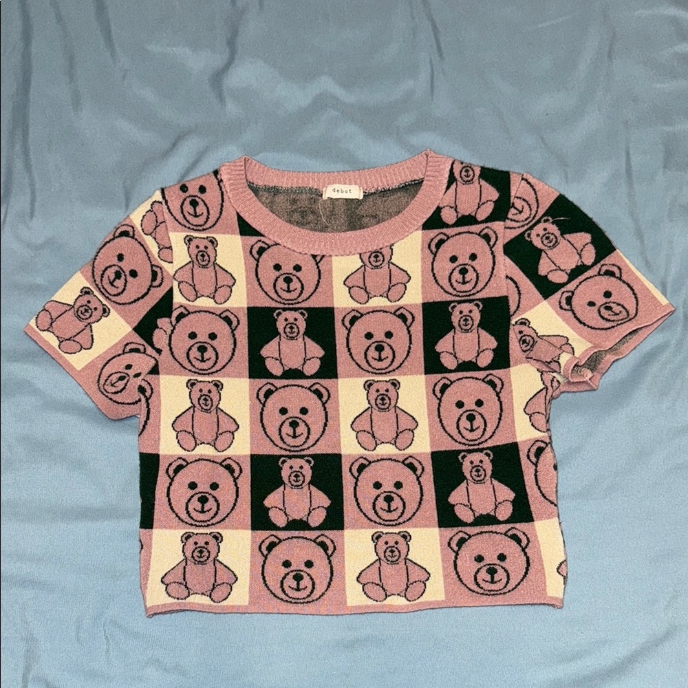 Pink and Green Bear Patterned Crop Top